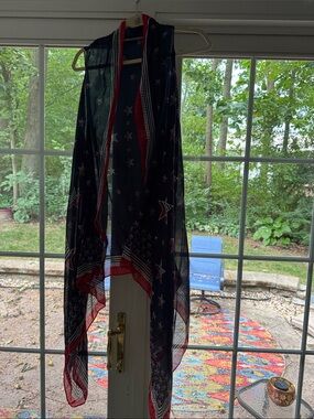 Sheer Star-Print Poncho Shrug in Navy Blue with Red Trim